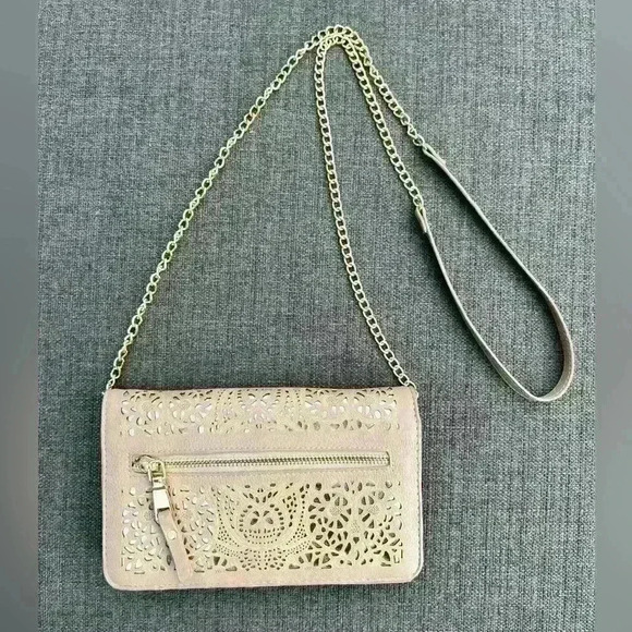 Mystique Women’s Floral Cut Out Tan Gold Chain Luxury Purse Wedding Guest Bag - Picture 6 of 15